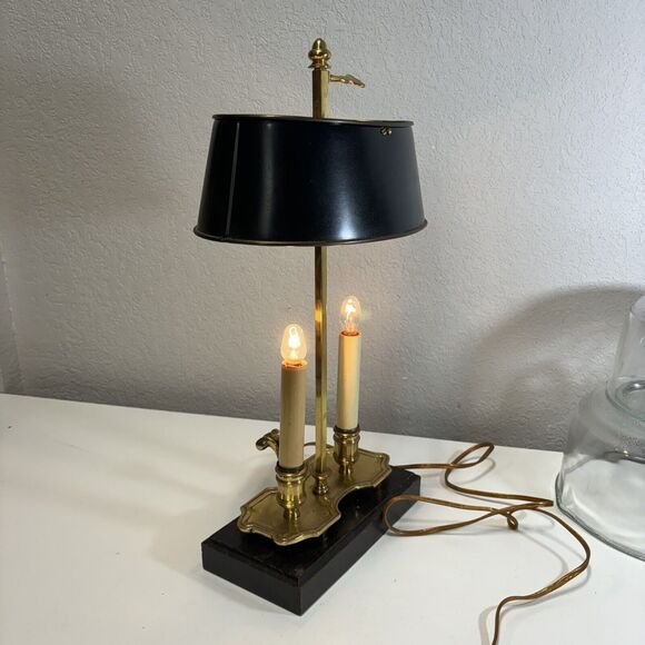 Black Shade Bouillette Lamp 2 Candlestick Lights Gold Brass Tone - Picture 7 of 16